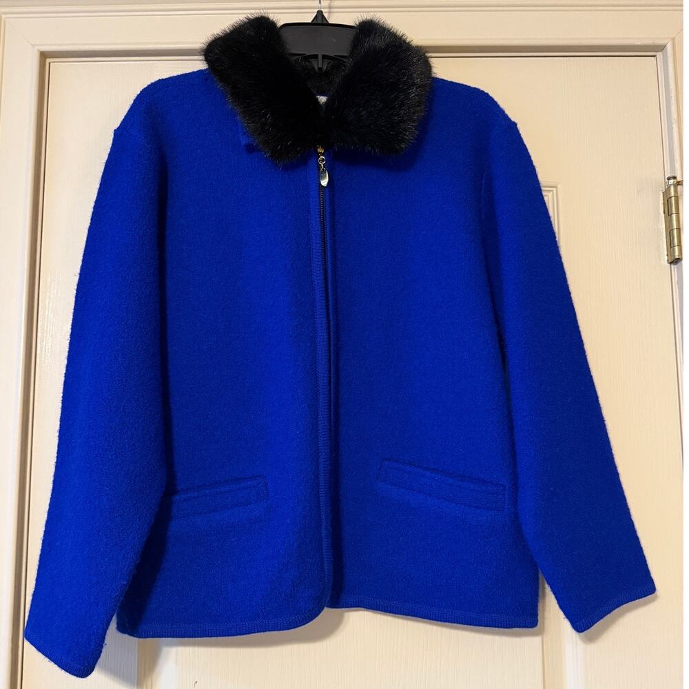 Vintage Lisa International Boiled Wool Sweater with Faux Fur Collar, Size L
